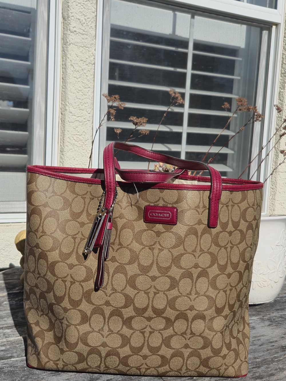 Coach Beige Signature Canvas Tote with Pink Trim